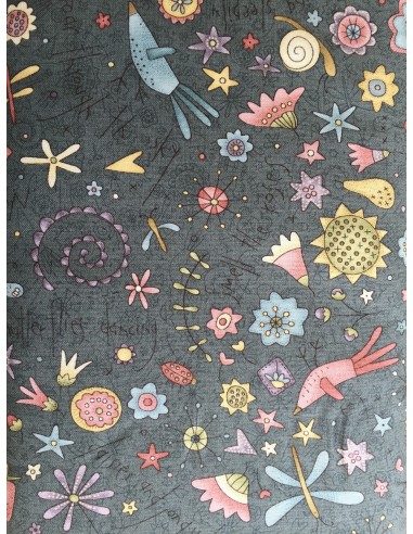 Tela patchwork panel Anni Downs Garden Whimsy  gris marengo